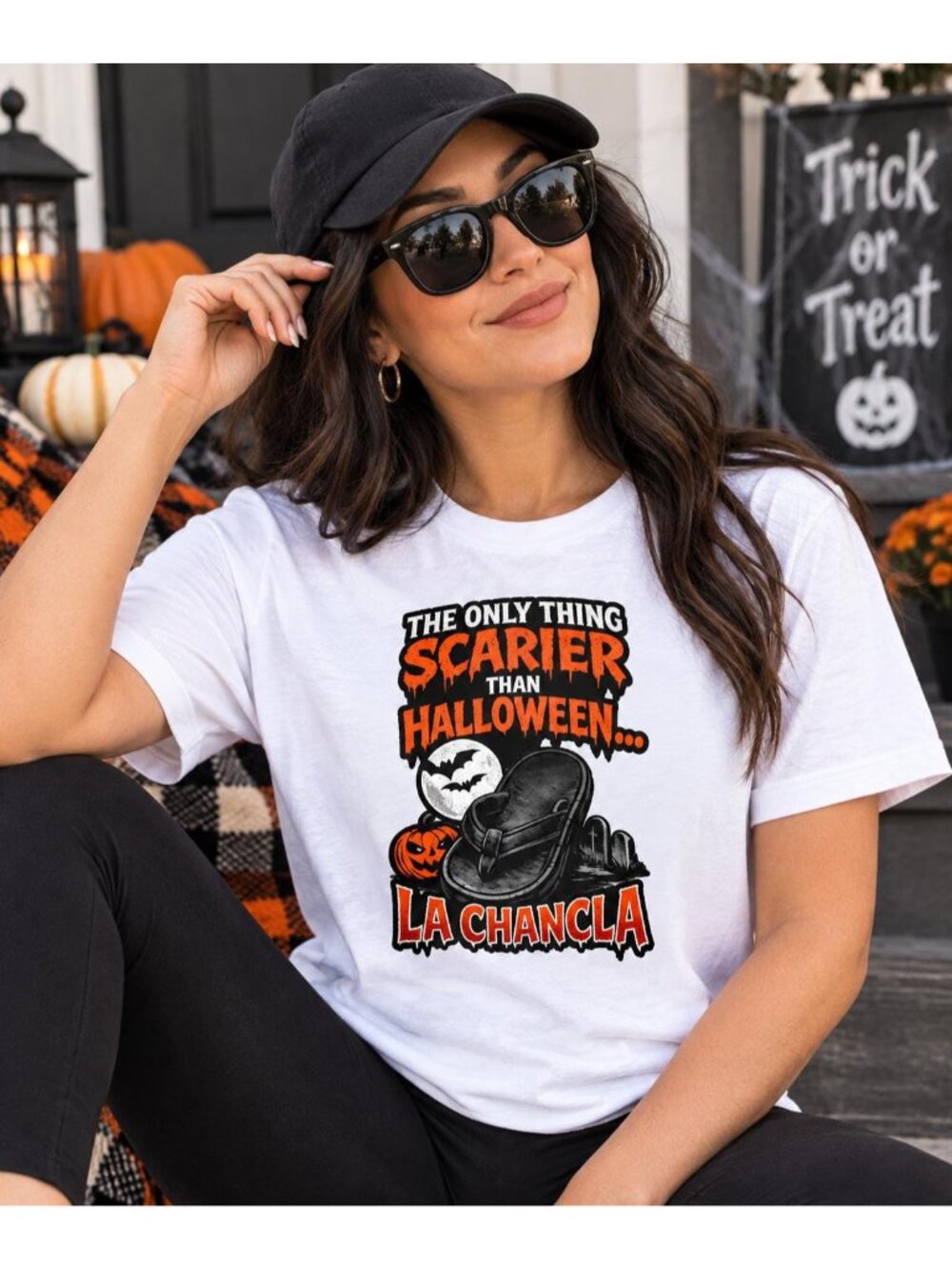 The Only Thing Scarier than Halloween La Chancla Funny Latino Mom White Shirt •